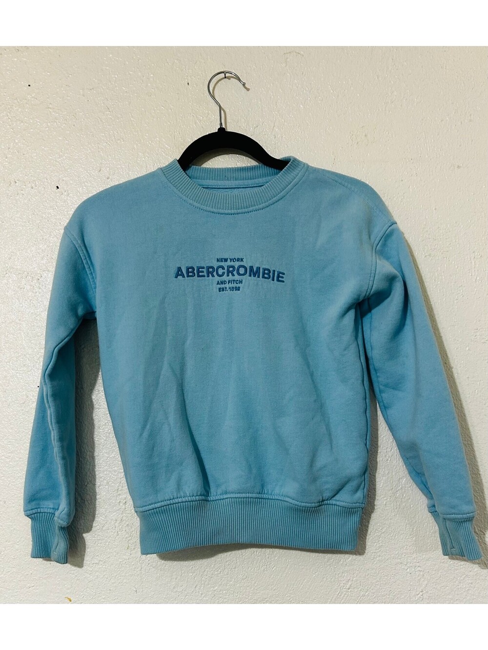 Abercrombie Kids Size 7/8 Sweatshirt Sky Blue Fleece Embroidered Logo Crewneck